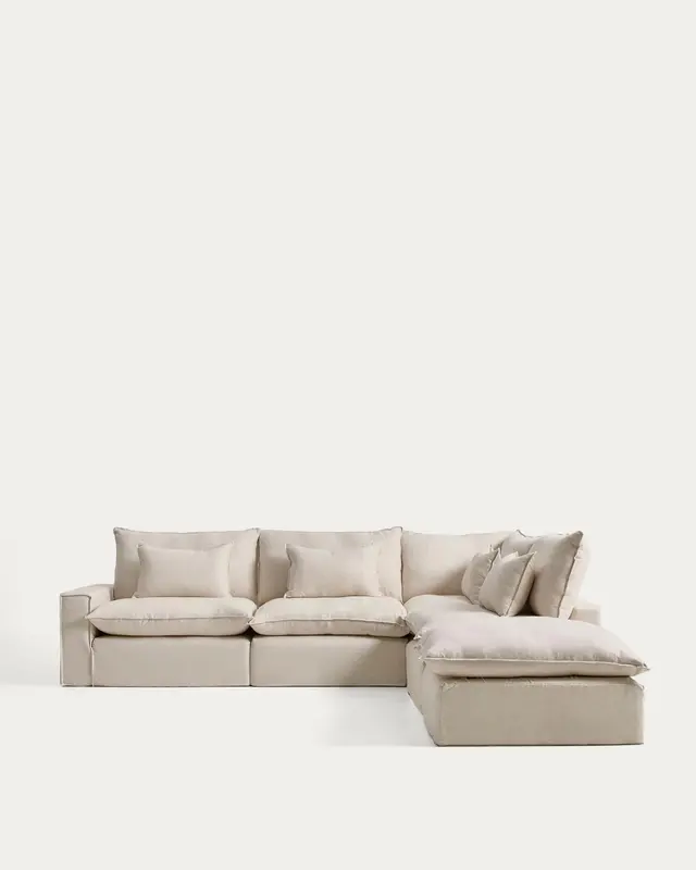 Modulares 6-Sitzer-Ecksofa Anarela mit abnehmbarem Bezug aus Leinen und Viskose in Beige, 347 x 307 cm, FSC Mix Credit