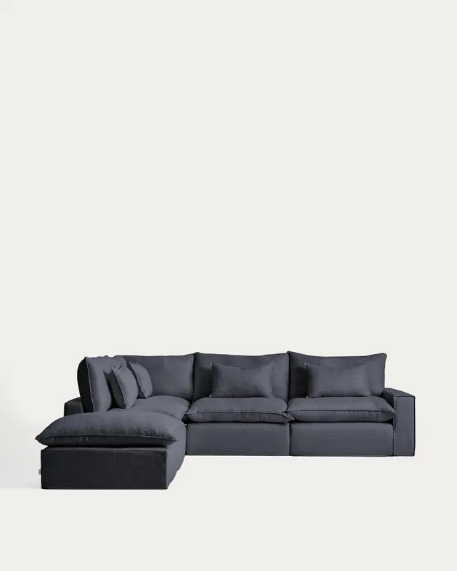 Modulares 6-Sitzer-Ecksofa Anarela mit abnehmbarem Bezug aus Leinen und Viskose in Dunkelgrau, 307 x 347 cm, FSC Mix Credit