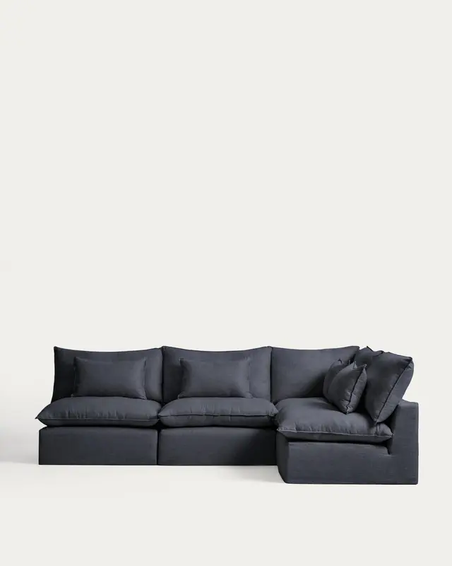 Modulares 6-Sitzer-Ecksofa Anarela mit abnehmbarem Bezug aus Leinen und Viskose in Dunkelgrau, 327 x 217 cm / 217 x 327 cm, FSC Mix Credit