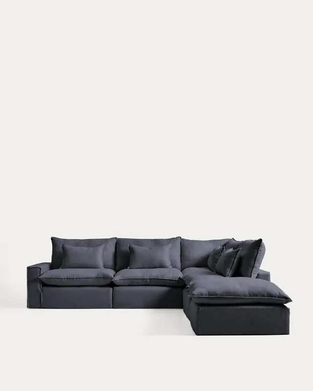 Modulares 6-Sitzer-Ecksofa Anarela mit abnehmbarem Bezug aus Leinen und Viskose in Dunkelgrau, 347 x 307 cm, FSC Mix Credit