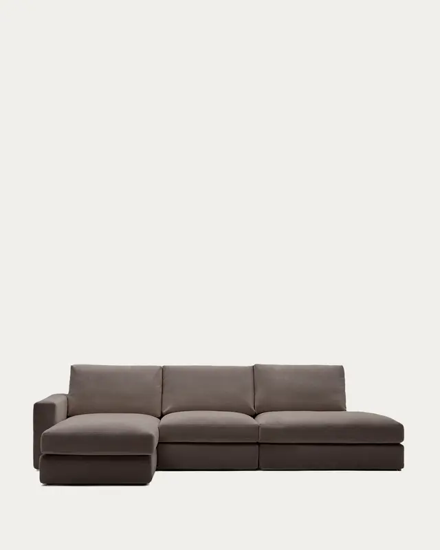 Modulares Sofa Alea für 5 Personen mit abnehmbarem Bezug aus dunkelbrauner Chenille und Chaiselongue links, 340 cm