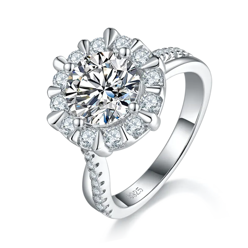 Moissanit-Ring S925 Silber, Sonnenblumen-Halo, Platin