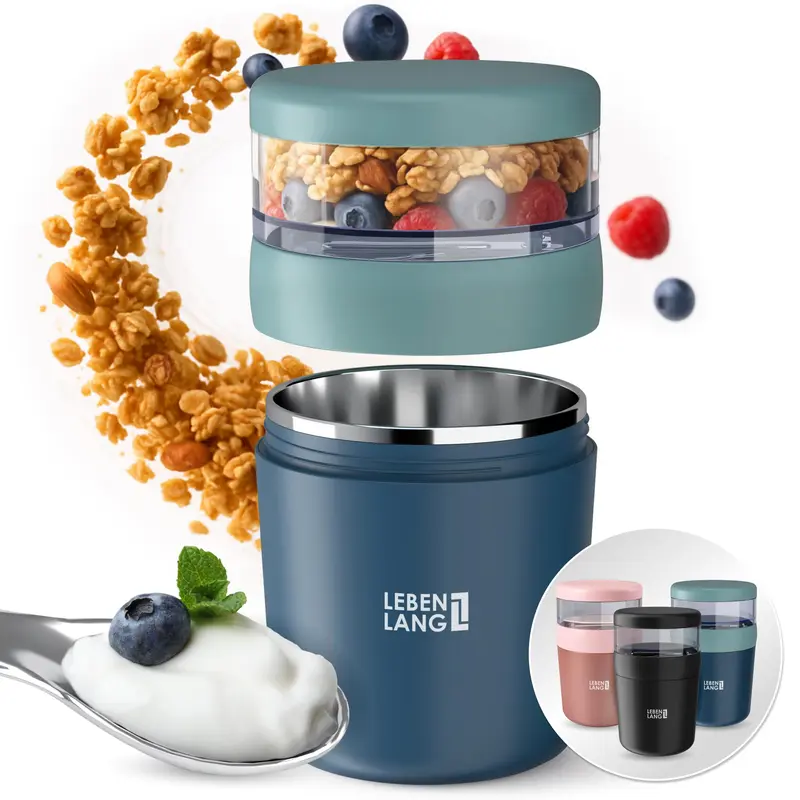 Müslibecher To Go mit Löffel, Blau 500ml + 150ml