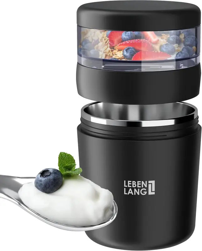 Müslibecher To Go mit Löffel, Schwarz 500ml + 150ml