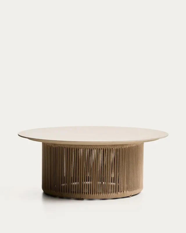 Outdoor-Couchtisch Orosei aus Sinterstein, Aluminium in Naturfarbe und beigem Seil Ø 90 cm