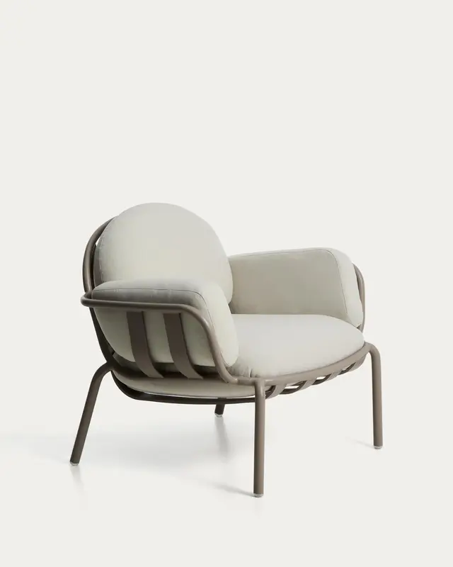 Outdoor-Sessel Joncols aus taupefarben lackiertem Aluminium mit beigen Kissen