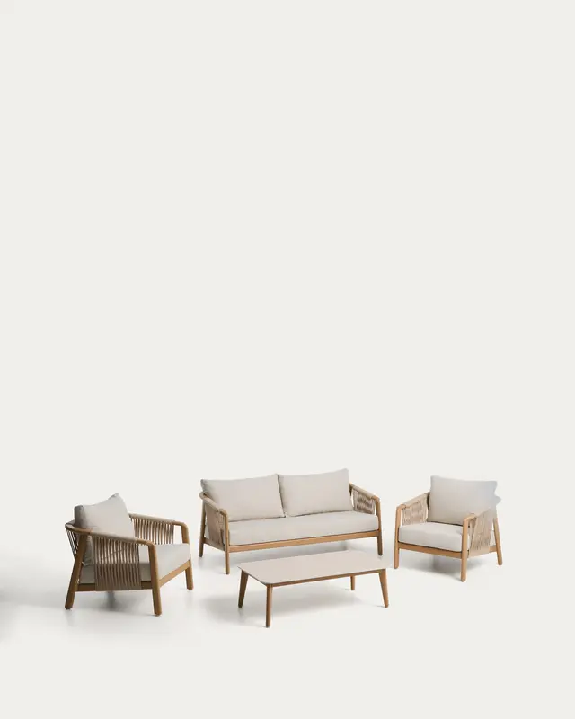 Outdoor-Set Sirte mit 3-Sitzer-Sofa, 2 Sesseln und Tisch aus Aluminium in Holzoptik und écrufarbenen Kissen