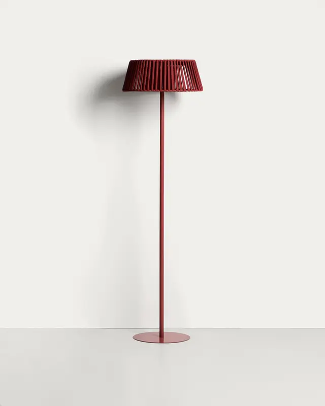 Outdoor-Solar-Stehlampe Aldet aus flachem Seil mit terrakottafarbenem Metallfuss, Ø 46 cm