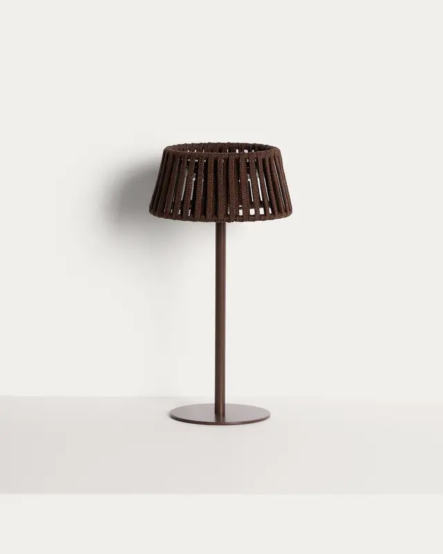 Outdoor-Solar-Tischlampe Aldet aus flachem Seil mit braunem Metallfuss