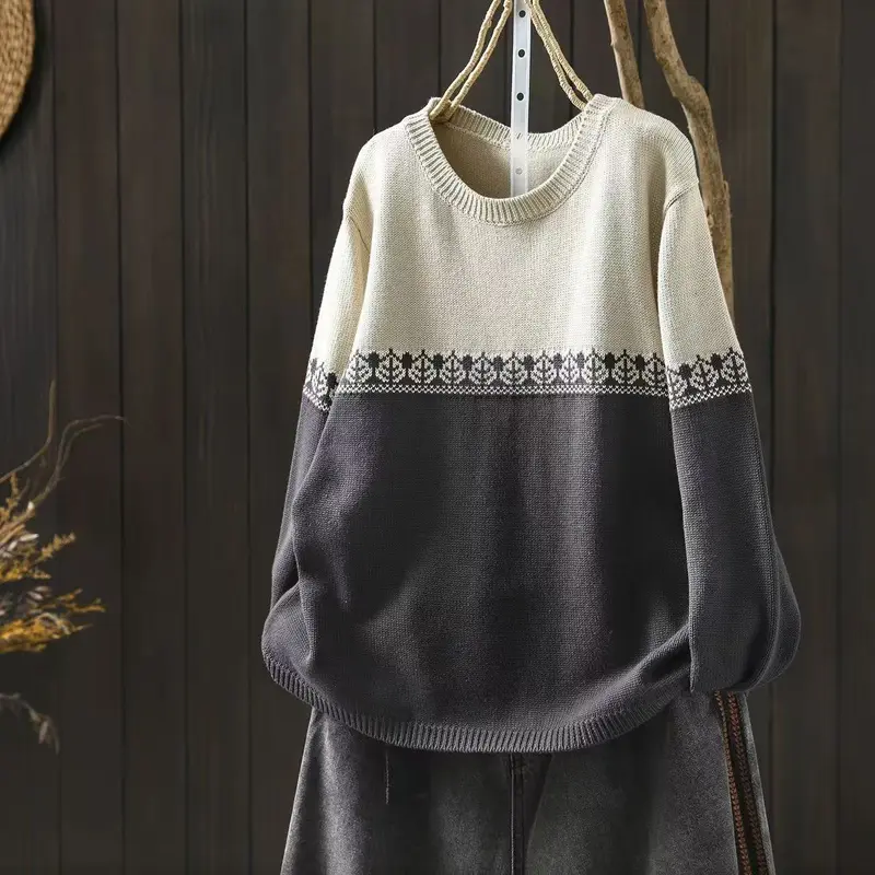 Preppy Baumwollpullover mit Rundhalsausschnitt