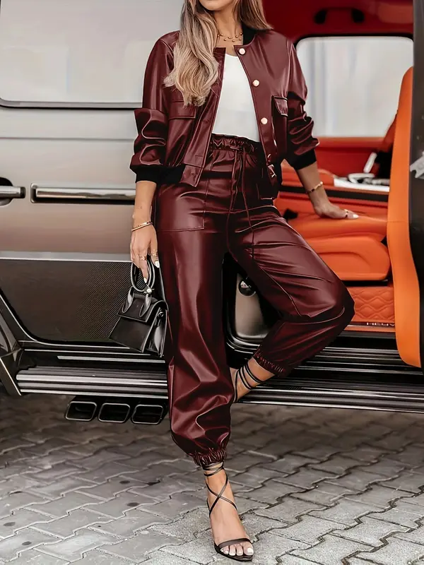 PU Leder Jacken- und Hosen-Set im Workwear-Stil