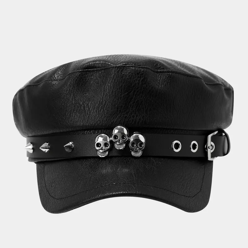 PU-Leder Newsboy Cap mit Totenkopf-Nieten