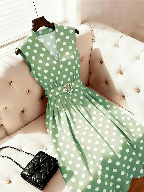 Punktiertes Midi-Kleid mit Gürtel