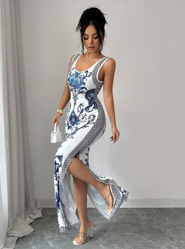 Retro-Blau-Weiß Porzellan-Druck Modisches Damenkleid