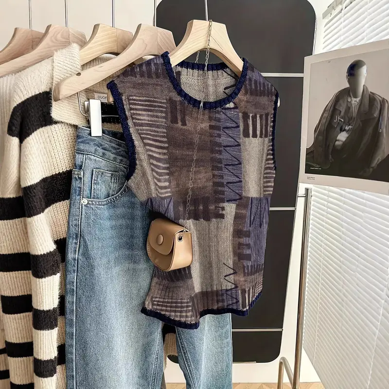 Retro Colorblock Strickweste für Damen