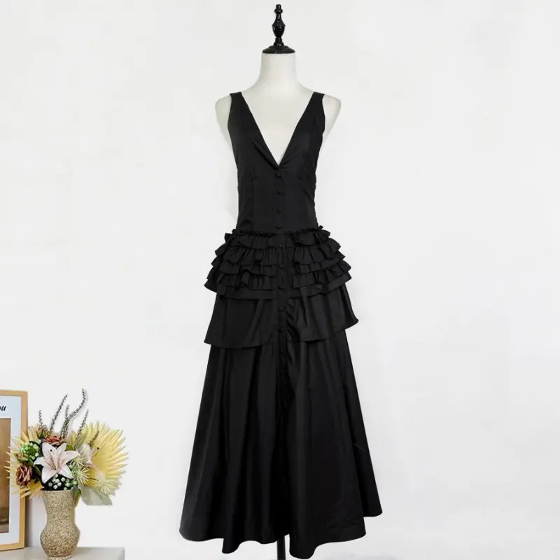 Retro-Stil Halter-Ausschnitt Rüschentier-Midi-Kleid