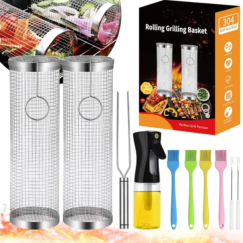 Rollender Grillkorb-Set aus Edelstahl