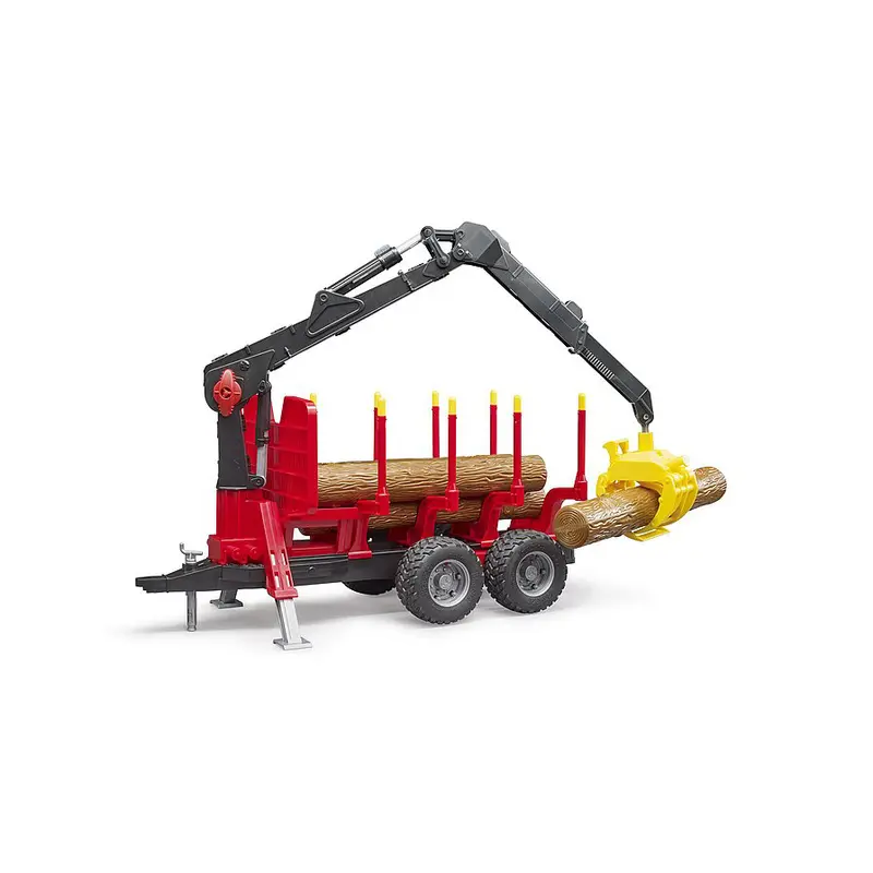 Rückeanhänger mit Ladekran, 4 Baumstämmen und Holzgreifer