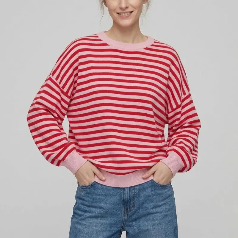 Rückenfreier gestreifter Colorblock Langarmstrickpullover