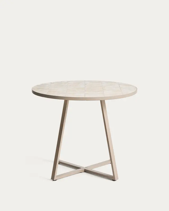 Runder Tisch Tella mit verzinktem Stahl und beigen Fliesen, Ø 90 cm