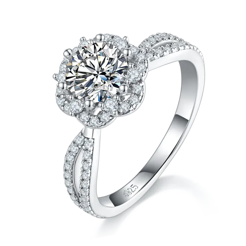 S925 Silber Moissanit Ring mit Halo & Twist Band