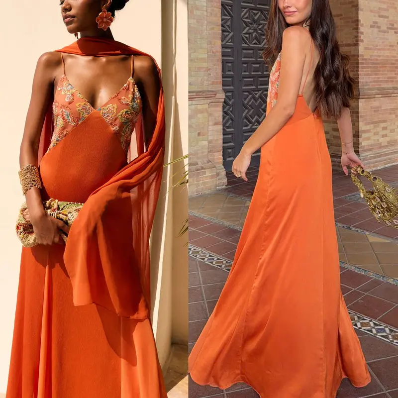 Satin-Kleid mit Spaghettiträgern und Schal