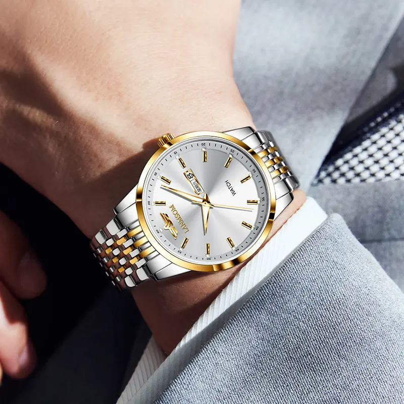 Schlankes Business Armband mit Doppeldatum, wasserdicht und automatisc