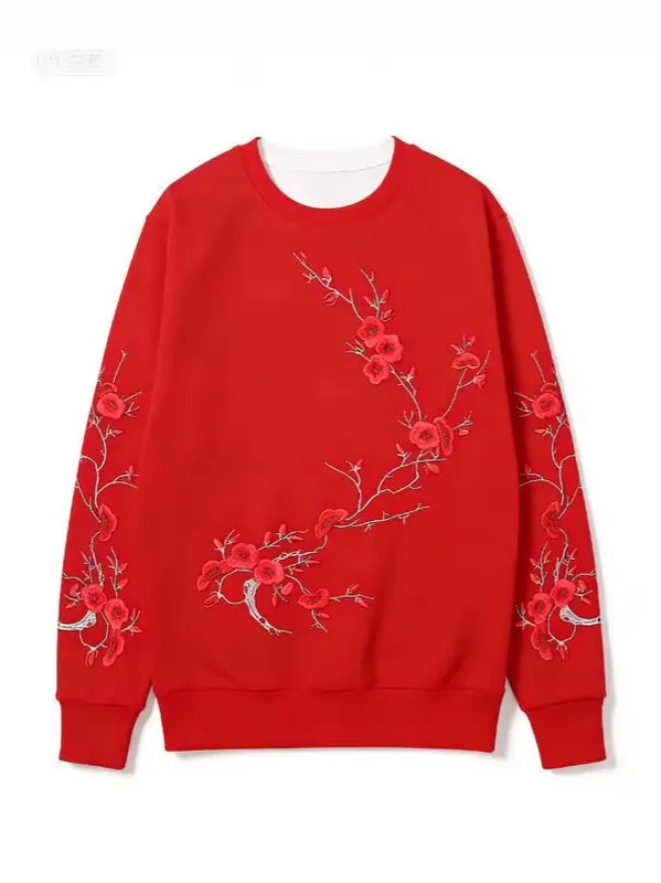 Schwarzes Sweatshirt mit rotem Pflaumenmuster