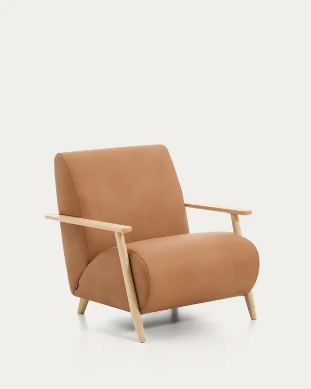 Sessel Meghan in braunem Leder mit massivem Eschenholz mit naturfarbenem Finish, FSC Mix Credit