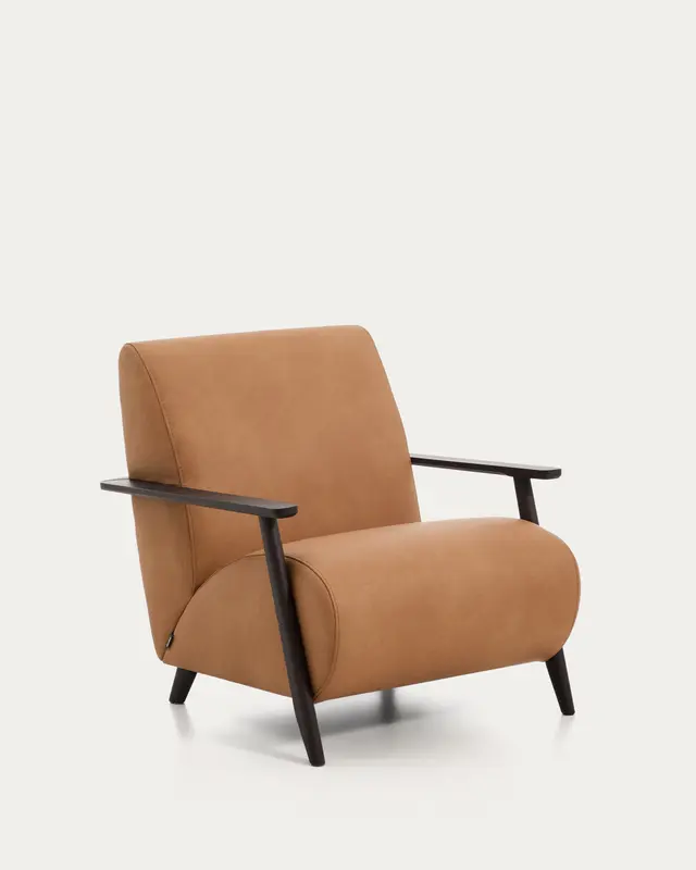 Sessel Meghan in braunem Leder mit massivem Eschenholz mit wengefarbenem Finish, FSC Mix Credit