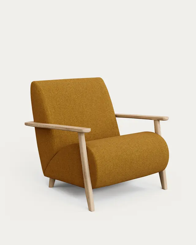 Sessel Meghan in schwer entflammbarem Lammfellimitat in Senfgelb mit massivem Eschenholz mit Natur-Finish, FSC Mix Credit