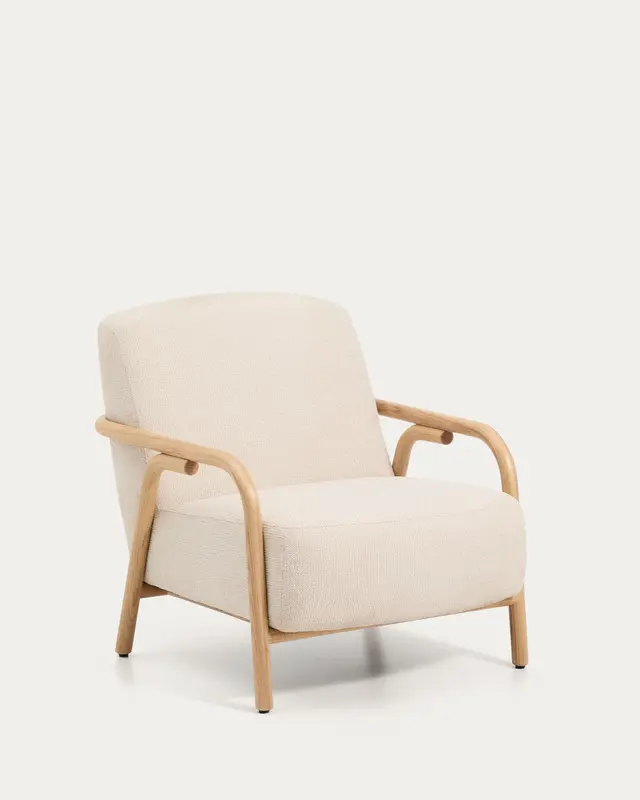 Sessel Sylo aus beiger Chenille und massivem Eschenholz mit naturfarbenem Finish, FSC 100 %