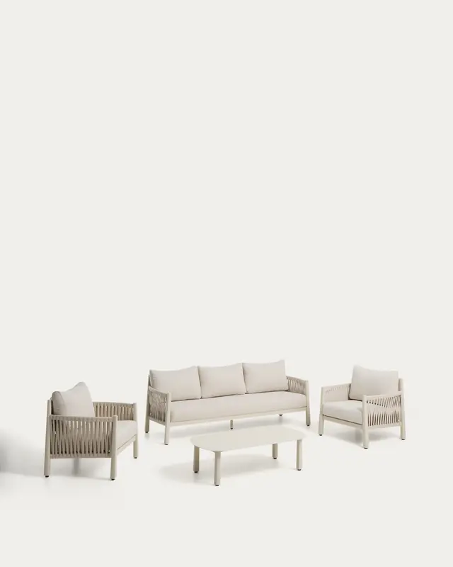Set Aleria, bestehend aus einem 3-Sitzer-Sofa, zwei Sesseln sowie einem Couchtisch aus Aluminium und beigem Synthetikseil