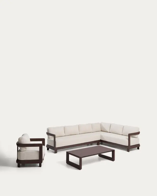 Set Nerano mit 5-Sitzer-Ecksofa, Sessel und Couchtisch aus gehärtetem Glas und braunem Aluminium