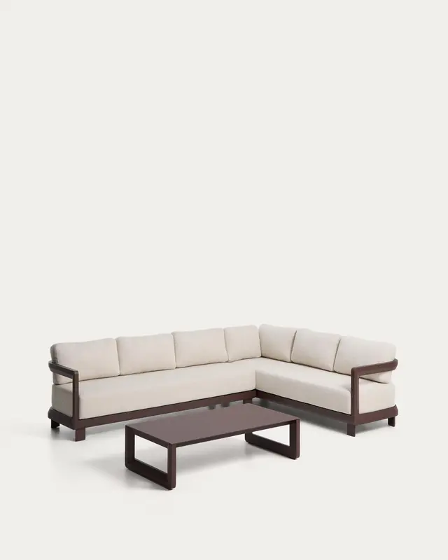 Set Nerano mit 5-Sitzer-Ecksofa und Couchtisch aus gehärtetem Glas und braunem Aluminium