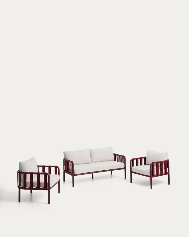 Set Omala aus einem 2-Sitzer-Sofa und 2 Sesseln aus Seil und Aluminium in Bordeauxrot