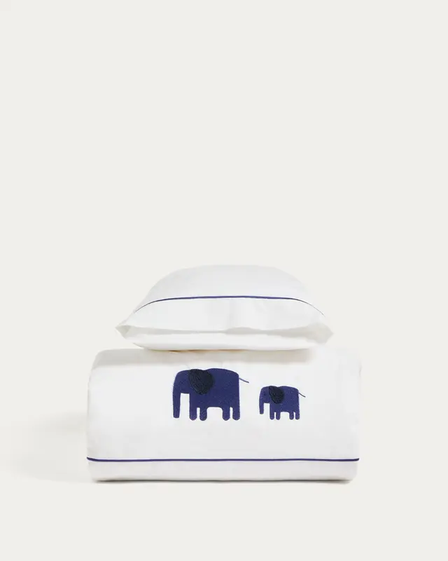 Set Tandari mit Bett- und Kissenbezug aus Baumwollperkal mit aufgesticktem Elefanten für 70-cm-Betten