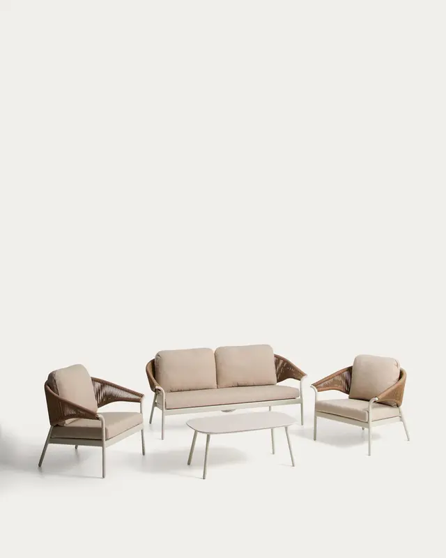 Set Zuara, bestehend aus einem 3-Sitzer-Sofa, zwei Sesseln sowie einem Outdoor-Tisch aus ecrufarbenem Aluminium und braunem Synthetikseil