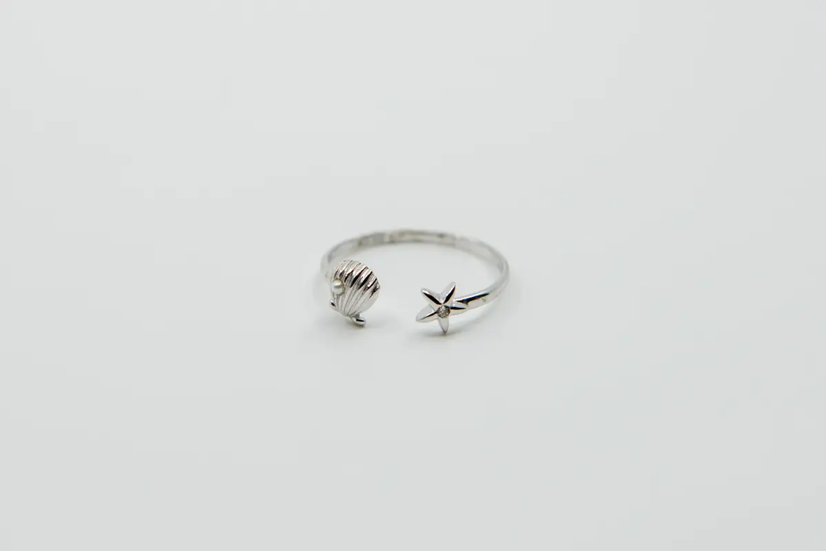 Silber Fingerring Muschel & Seestern (verstellbar 16.5–18.5 mm)