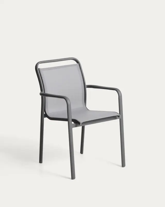 Stapelbarer Outdoor-Stuhl Luri aus Aluminium in Graphit und grauem Texteline