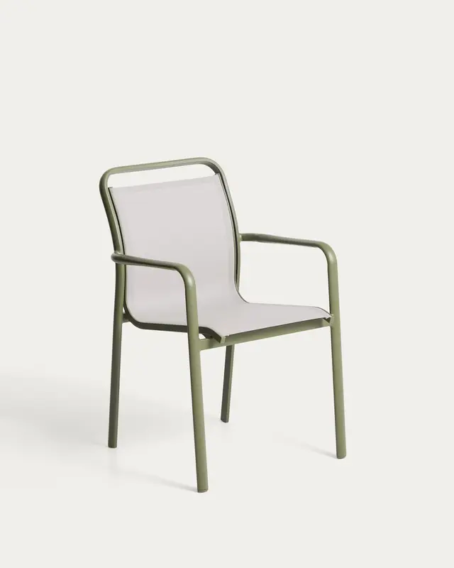 Stapelbarer Outdoor-Stuhl Luri aus Aluminium in Grün und beigem Texteline