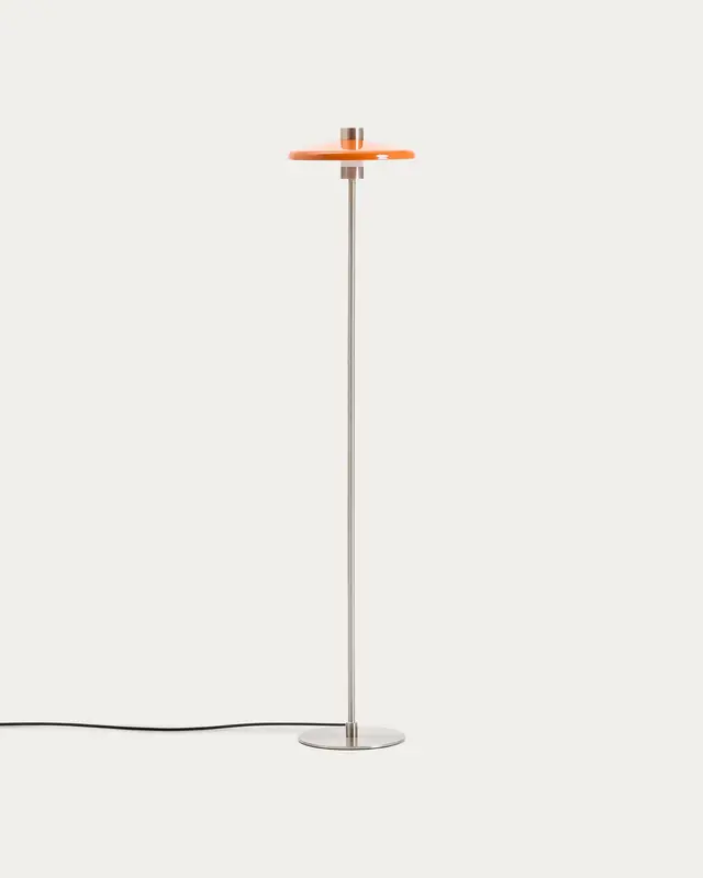 Stehlampe Nuvira aus hellgrauem gebürstetem Metall mit orangefarbenem Schirm