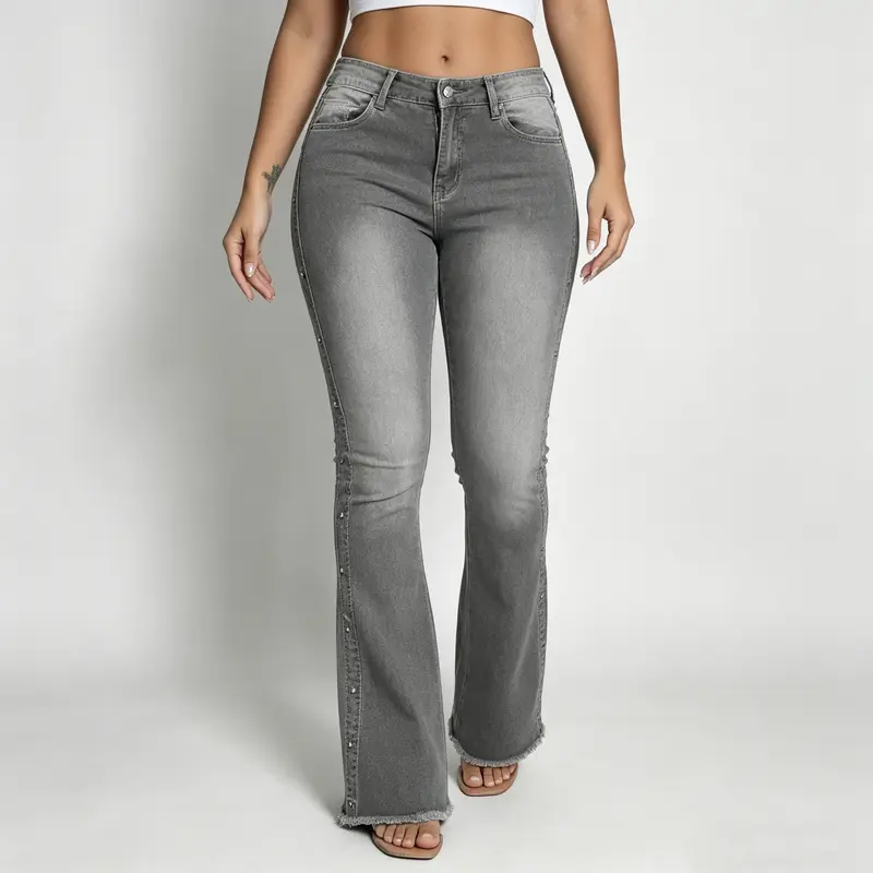 Stud-Details Hochtaillierte Flare-Jeans Grau-Wasch, Slim Bootcut (bis