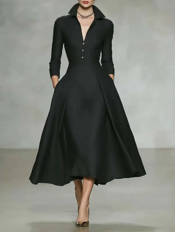 Tailliertes Langarm-Midikleid mit V-Ausschnitt