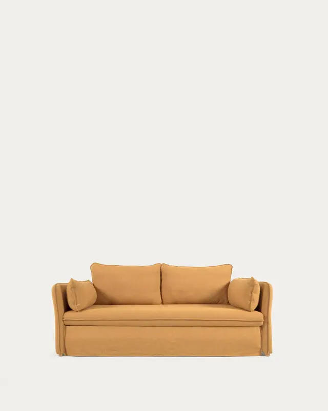 Tanit Schlafsofa senffarben und Beine aus massivem Buchenholz natürliches Finish 210 cm