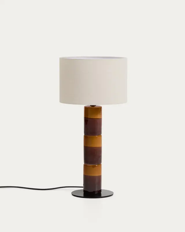 Tischlampe Mavran mit Baumwollschirm und Keramiksockel in Braun und Senfgelb