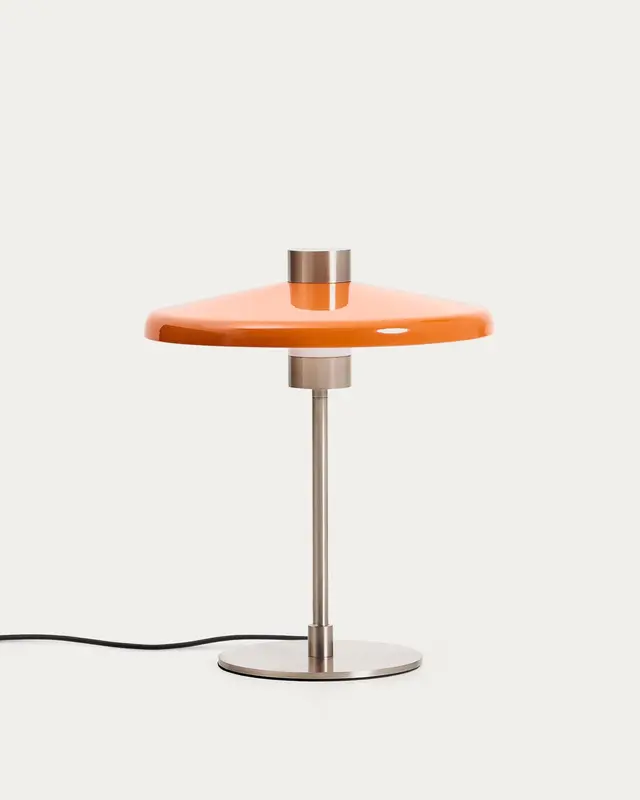 Tischlampe Nuvira aus hellgrauem gebürstetem Metall mit orangefarbenem Schirm