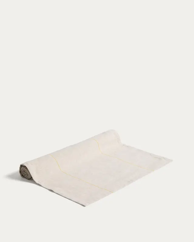 Tischläufer Ulaen aus Baumwolle und Leinen in Beige mit gelben Streifen, 50 x 150 cm