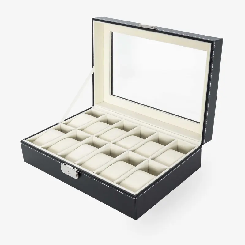 Uhrenbox für 12 Uhren PU Black / Beige Samt