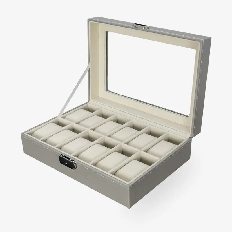 Uhrenbox für 12 Uhren PU Grey / Beige Samt